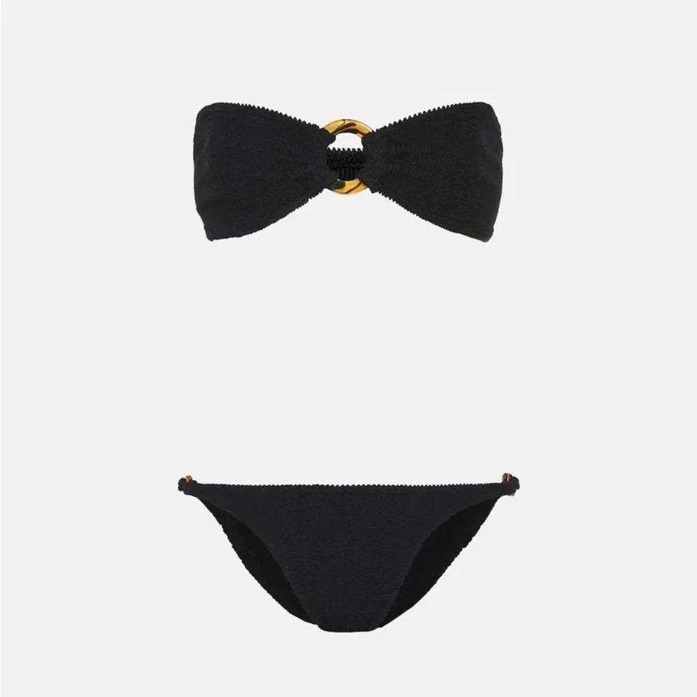 New Hunza G Gloria Bikini Set Black Strapless Bandeau Crinkle One Size Stretchy